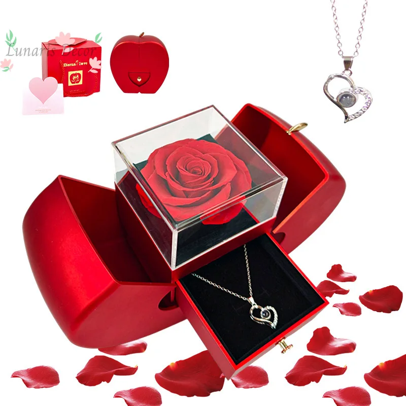 

Valentine's day christmas proposal jewelry box drawer type everlasting flower rose ring box apple jewelry box