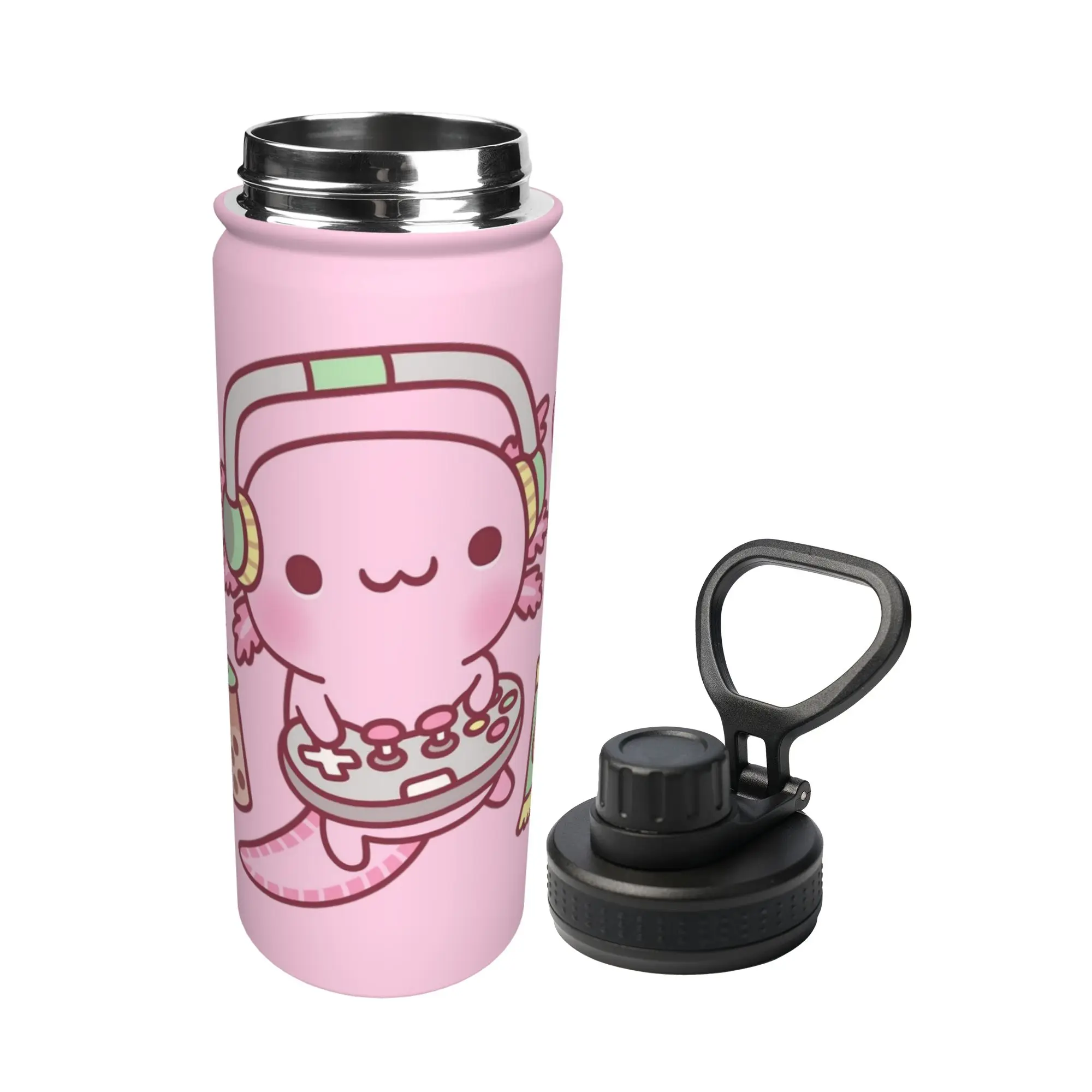 Cute Axolotl Loves Playing Video Games 18OZ Sports Insulated Kettle  Thermal Cup Vacuum Flask School Mug Hot Cold Drink