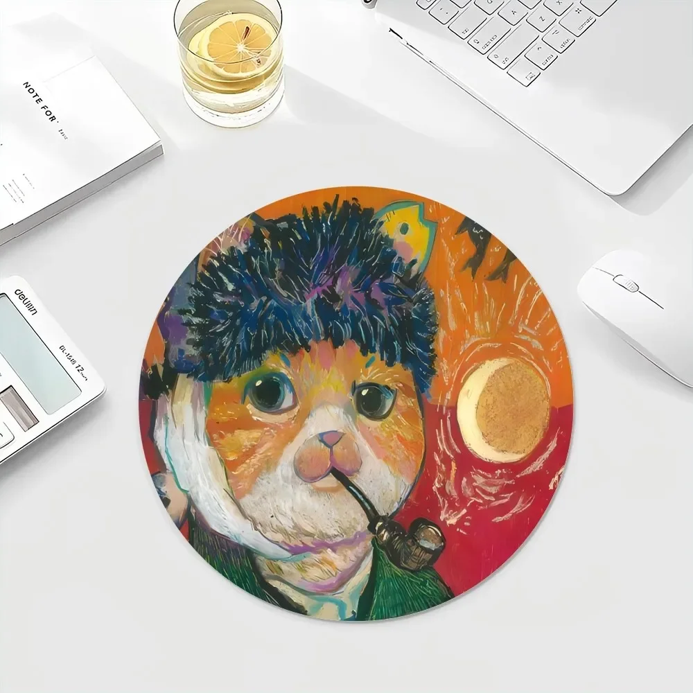 Claude Monet Van Gogh Funny Cat Art 22x22cm Round Kawaii Cartoon Anime Gaming Mouse Pad Keyboard Mouse Mats Deskpad Girls for PC
