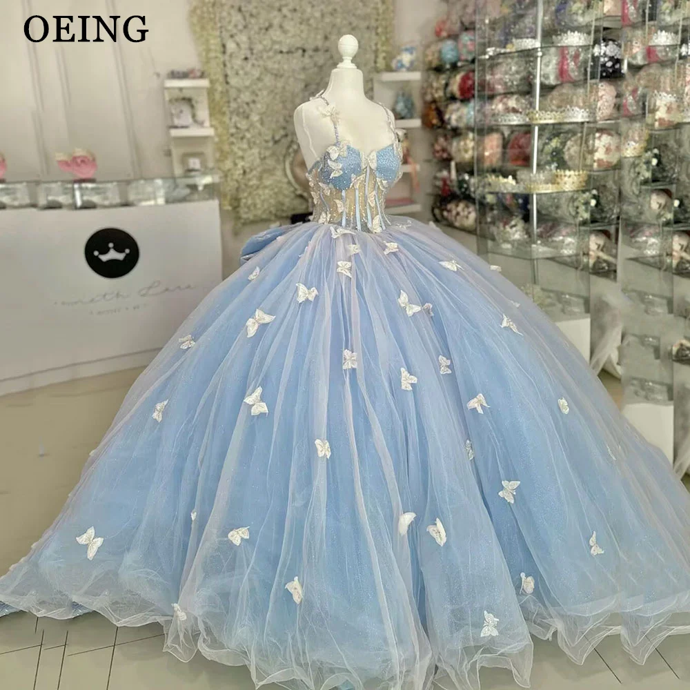 OEING Pretty Sky Blue quinceañera, vestido de baile con purpurina, escote Corazón, apliques de lazo, dulce 16, 15, fiesta de cumpleaños, graduación