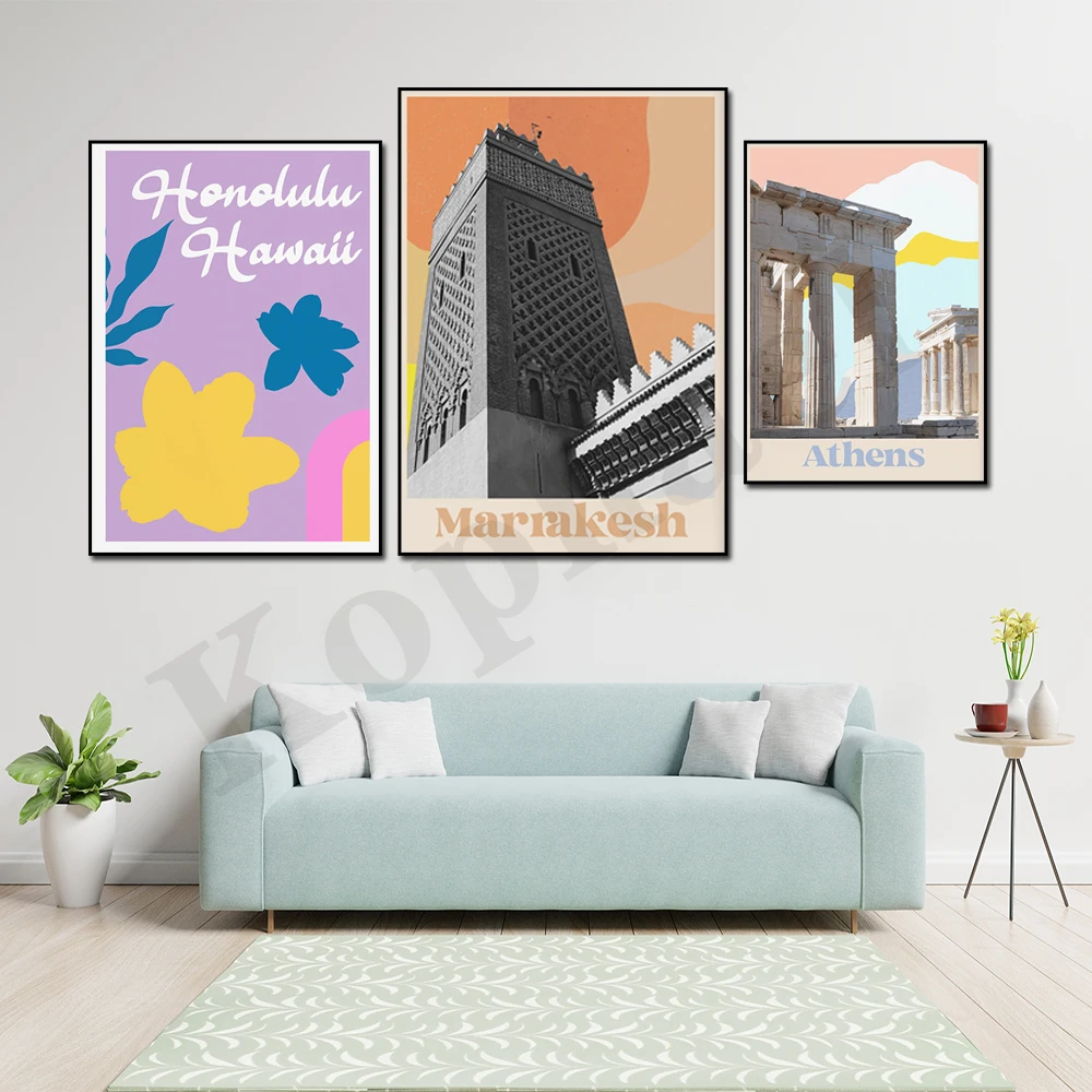 Greece Morocco USA Colourful Retro Summer Exotic Abstract Travel Beach Vibe Travel Poster
