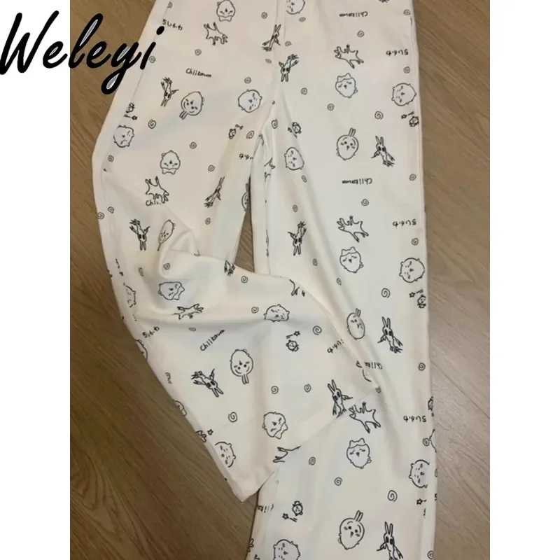 Japanese Sweet Graffiti Printed Straight Pants Student Female 2024 Summer Autumn Cute Loose Casual Simple Thin Trousers Women