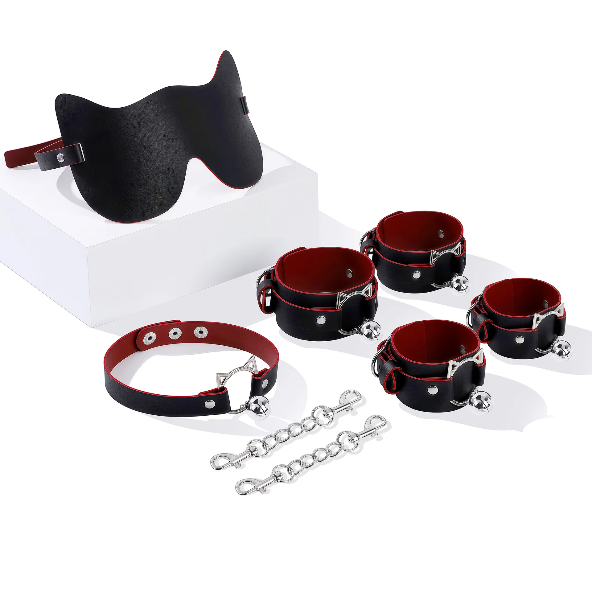 4PCS Cat Bell Leather Bondage Gear Restraint Handcuffs Leg Cuffs Collar Eye Mask Bdsm Sex Toys Adult Products Sex Game Cosplay