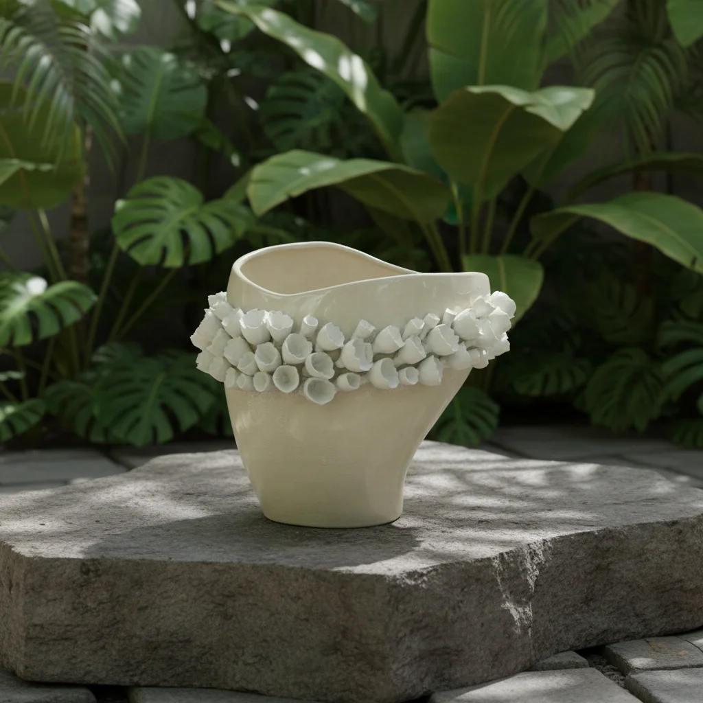 Hand Sculpted 3D Flower Adorned Ceramic Vase Curved Organic Shape Floral Vases For Boutique Hotel Interior Decor