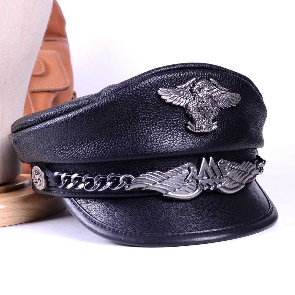 Deluxe German Army Cap Men Women Genuine Leather Heavy Machine Knight Punk Motorcycle Hat Korean Retro Student Military Gorras