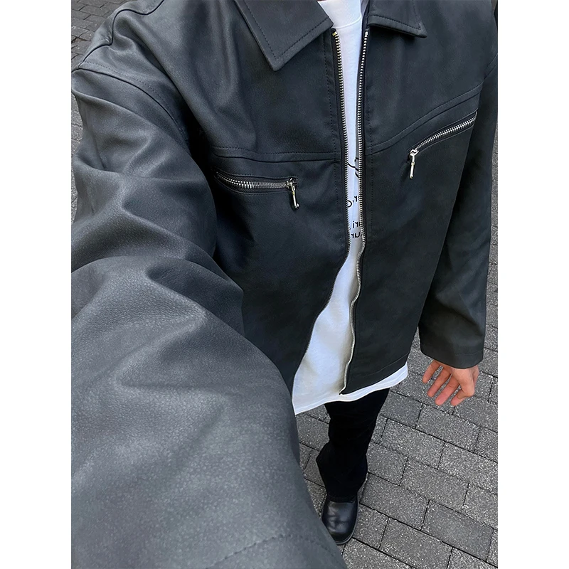 

Bla ort PU Leather Jaet Men's Spring Autumn Sle Cool Haome American Retro Motorcycle Pilot Jaet Loose Fit Polyester