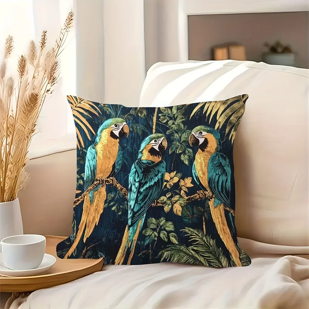 1Pc Tropical Parrot Cushion Cover Blue Green Yellow Bird Leaf Print Pillowcase For Sofa Bed Living Room Decorative Throw Case