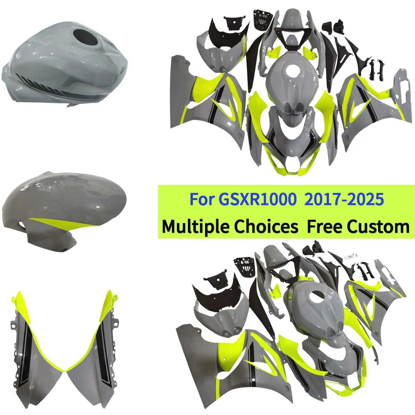 

Комплект обтекателей GSX-R1000 ABS для Suzuki 2017-2025: пластиковый комплект для мотоцикла GSX R1000, изготовленный методом литья под давлением | Флуоресцентный и серый Nardo Grey