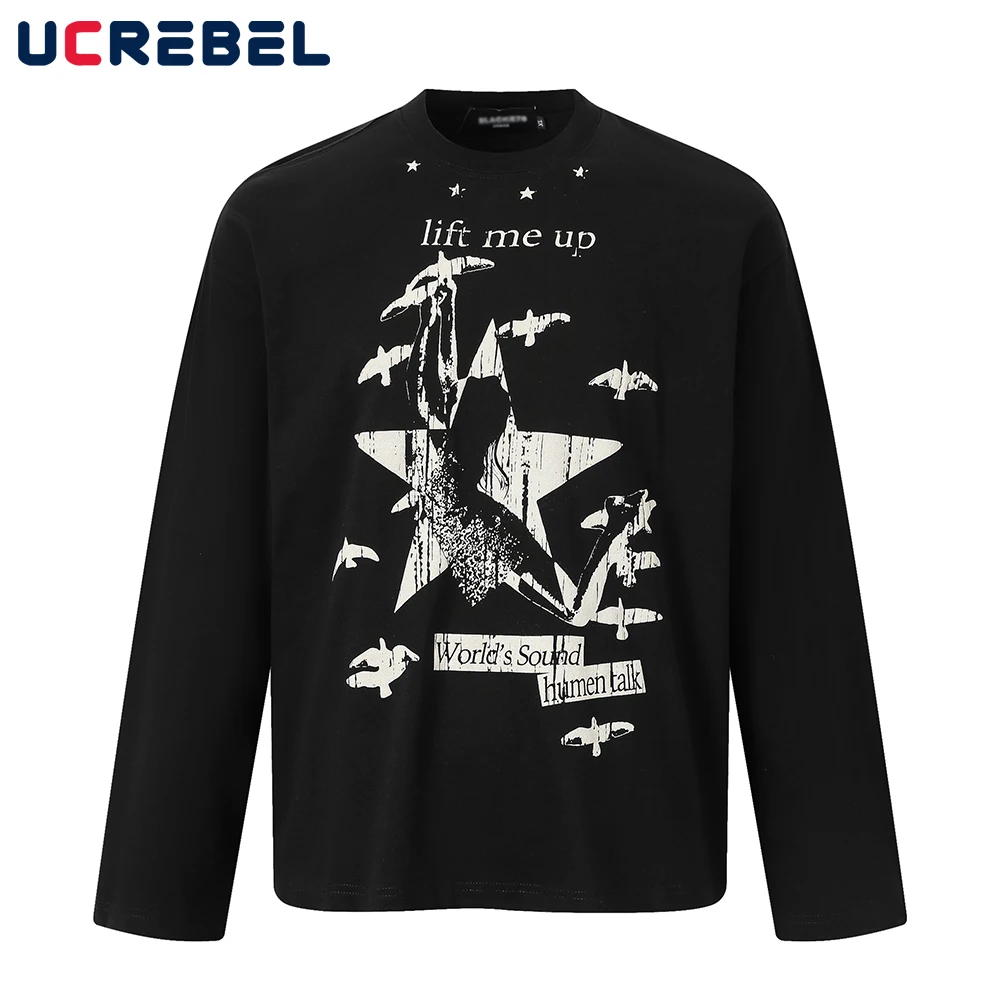 

Футболка с длинным рукавом и звездным принтом, мужская осенняя уличная одежда в стиле ретро Y2k, свободная хлопковая футболка с круглым вырезом, мужская футболка