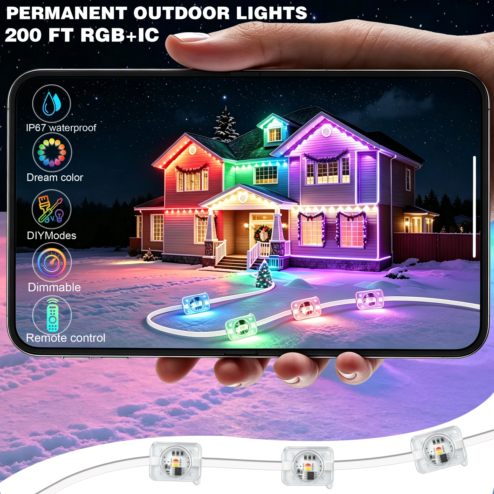 Permanent Outdoor Lights 200FT ,RGB+IC App ControlRemote, IP67 Waterproof Lighting,Outdoor Lights for Chasing Lights,Garden Decor,House,Party,Holiday,Smart