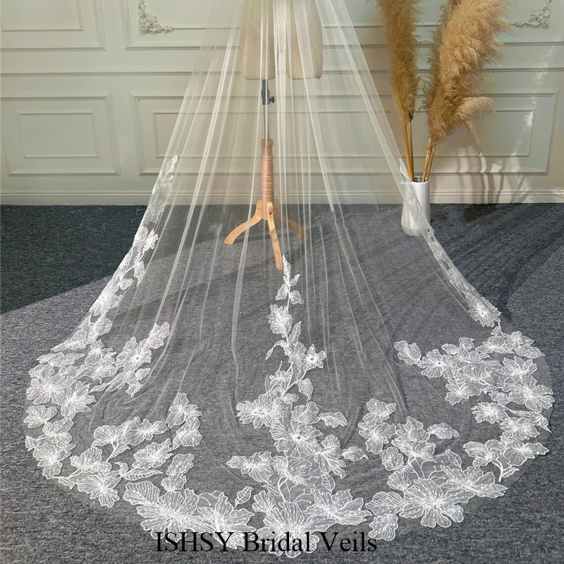فريدة من نوعها مطرز سباركلي الزفاف الحجاب الزهور الكبيرة الزهور الساطعة كاتدرائية طويلة الأبيض العاجي تول للعرائس #4