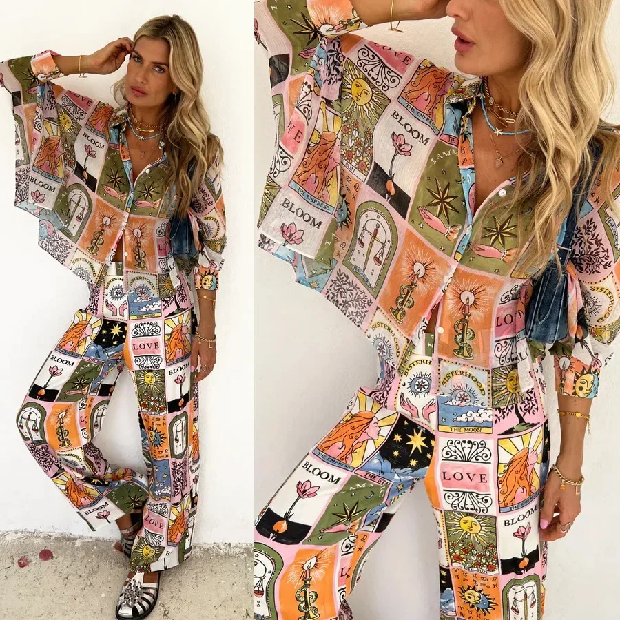 

Fashion Vintage Printed Autumn 2024 New Long Pants Casual Batsleeves Shirt Beach Style Loose Women Long Sleeves Blouse Holiday