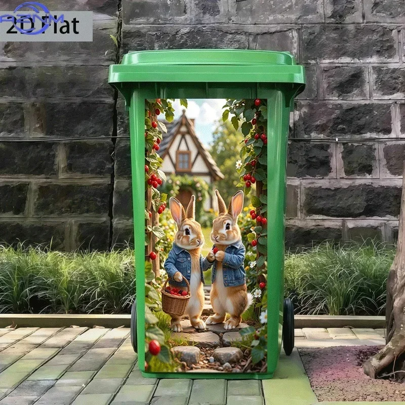 [2D Flat Printing]1pc Trash Can Sticker[Title Translated, Do Not Change] Double Rabbit Fruit Picking Theme Design Wall Sticker