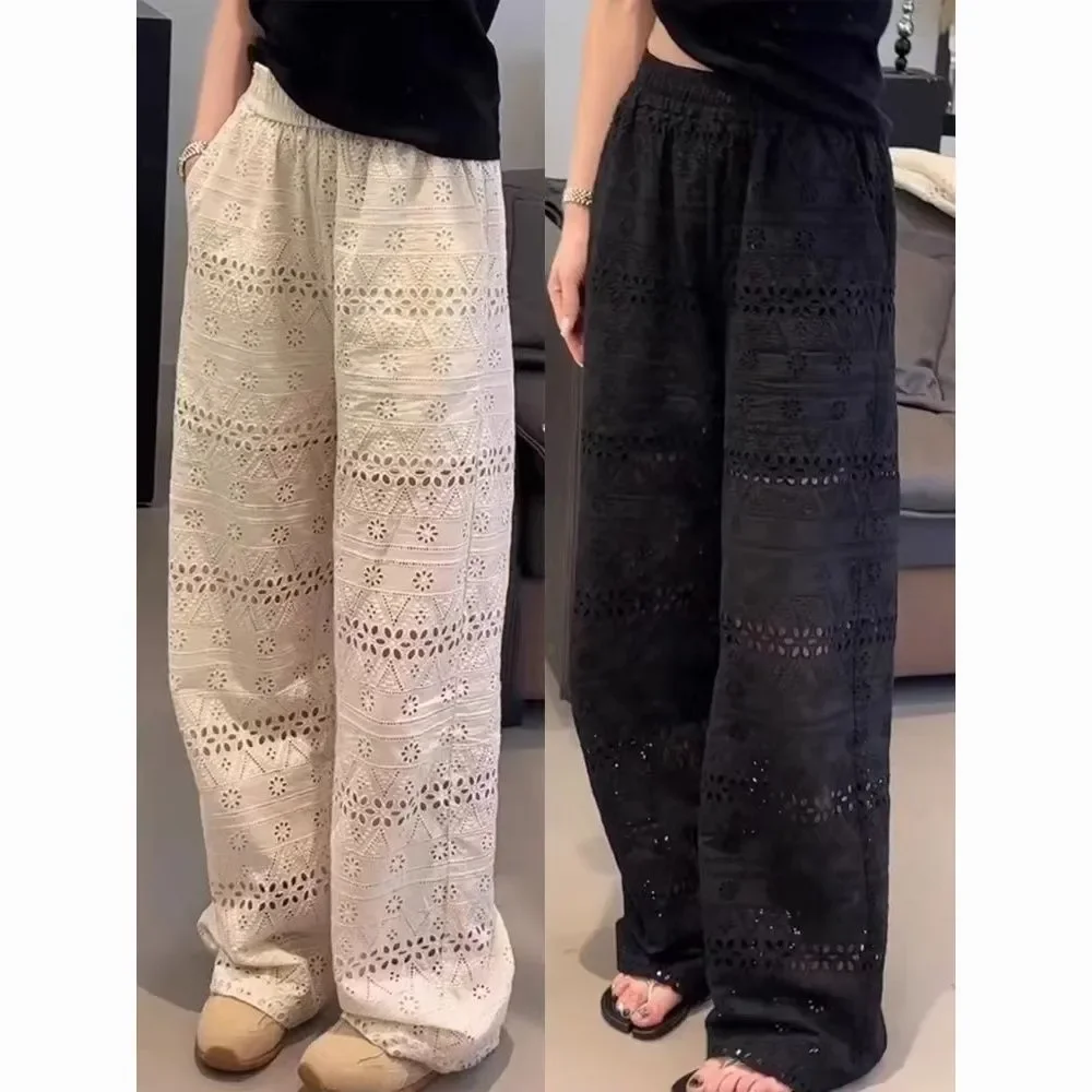 High Waist Lace Wide Leg Pants Women Summer Thin Loose Casual Straight Leg Pants Breathable Quick Dry Polyester Fiber
