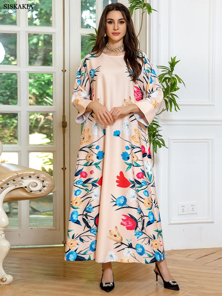 Siskakia Arab Dubai Fashion Printing Diamonds Casual Homewear Abayas For Muslim Women Ramadan Eid Robe Moroccan African Caftan