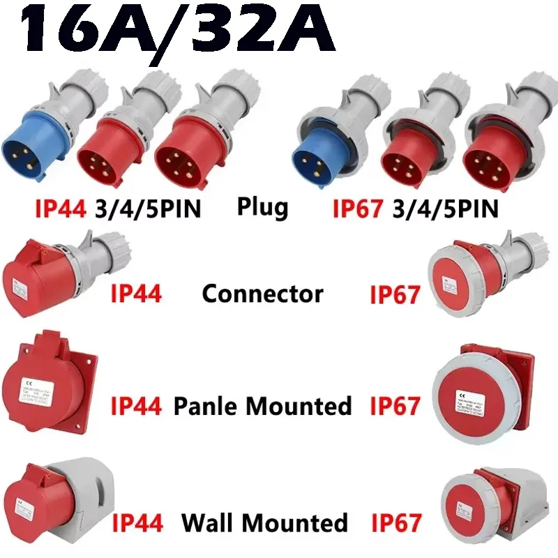 16A/32A Industrial Plug Socket Waterproof Connector 3PIN 4PIN 5PIN IP44/IP67 Waterproof Electrical Connection Wall Mount Socket
