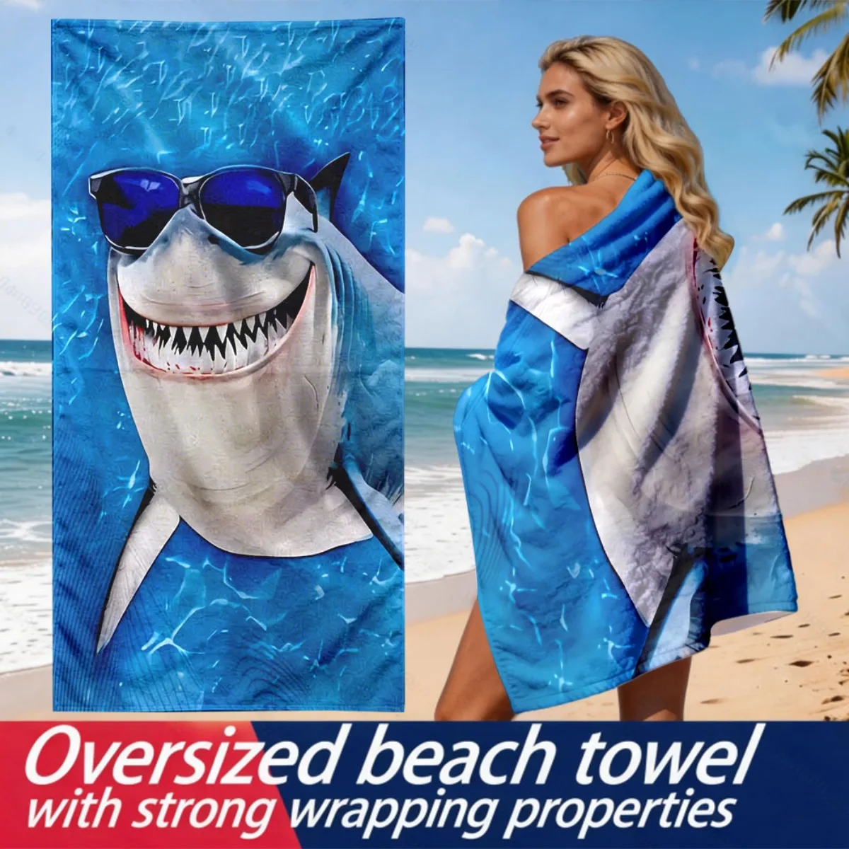 Funny sunglasses with shark pattern polyester microfiber beach towel is highly absorbent, suitable for swimming beach outings