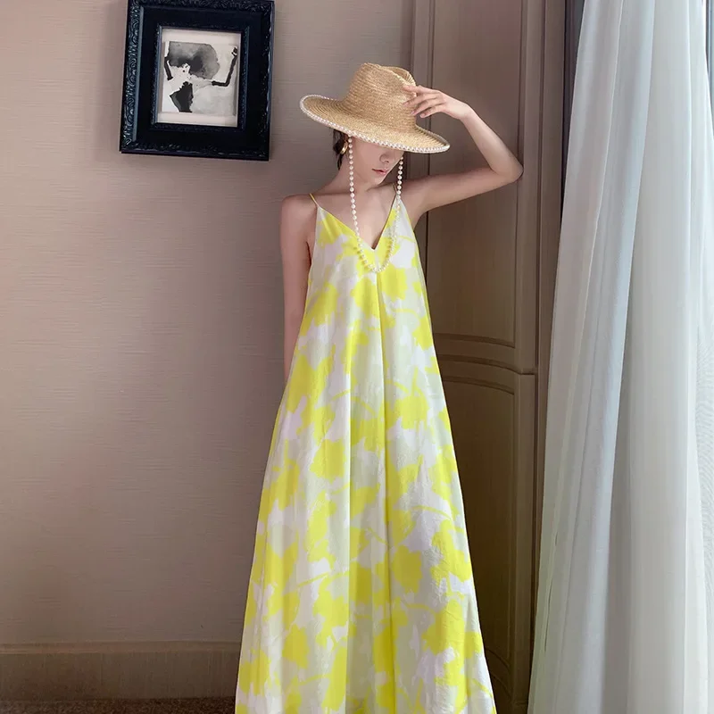 Vacation Style Yellow White Printing Medium-Length Tank Open-Back V-Neck Dress Sanya Supernatural Over-Knee Long Dress For Women