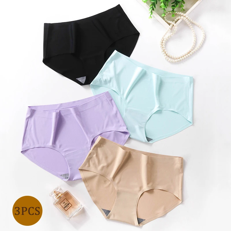 

3PCS Women's Ice Silk Seamless Panties Mid Waist Breathable Comfortable Cotton Crotch Panty