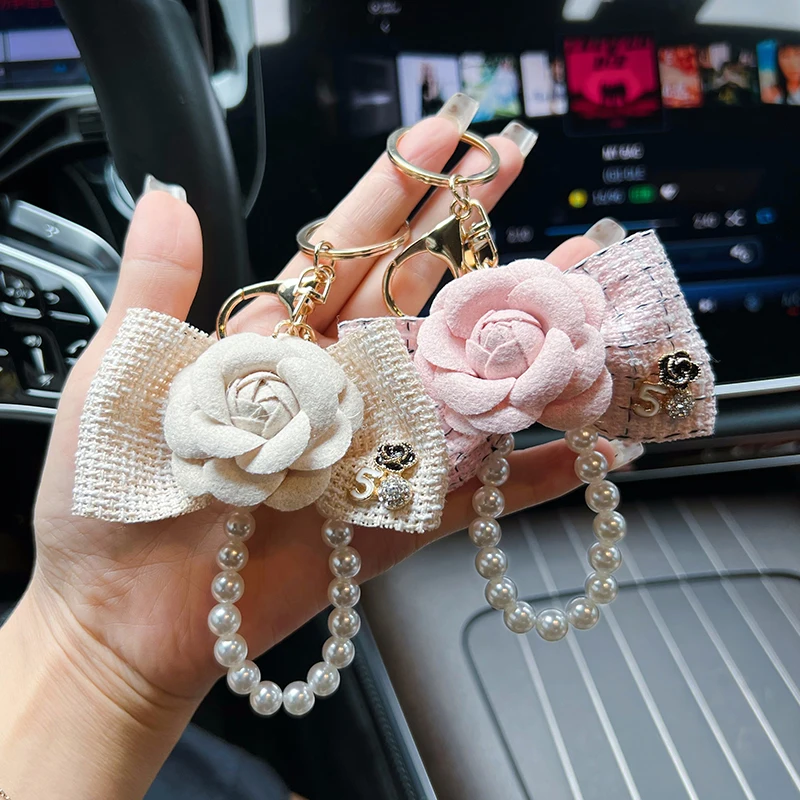Creative Pearl String, Camellia Keychain, Bow, Fabric Bag, Keychain Pendant, Fashion Car Charm
