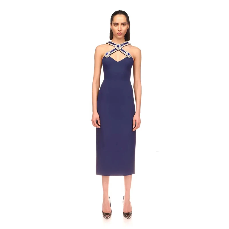 Factory Wholesale Women's Royal Blue Rhinestones Elastic Skinny Sexy Boutique Celebrity Cocktail Party Bandage Long Dress