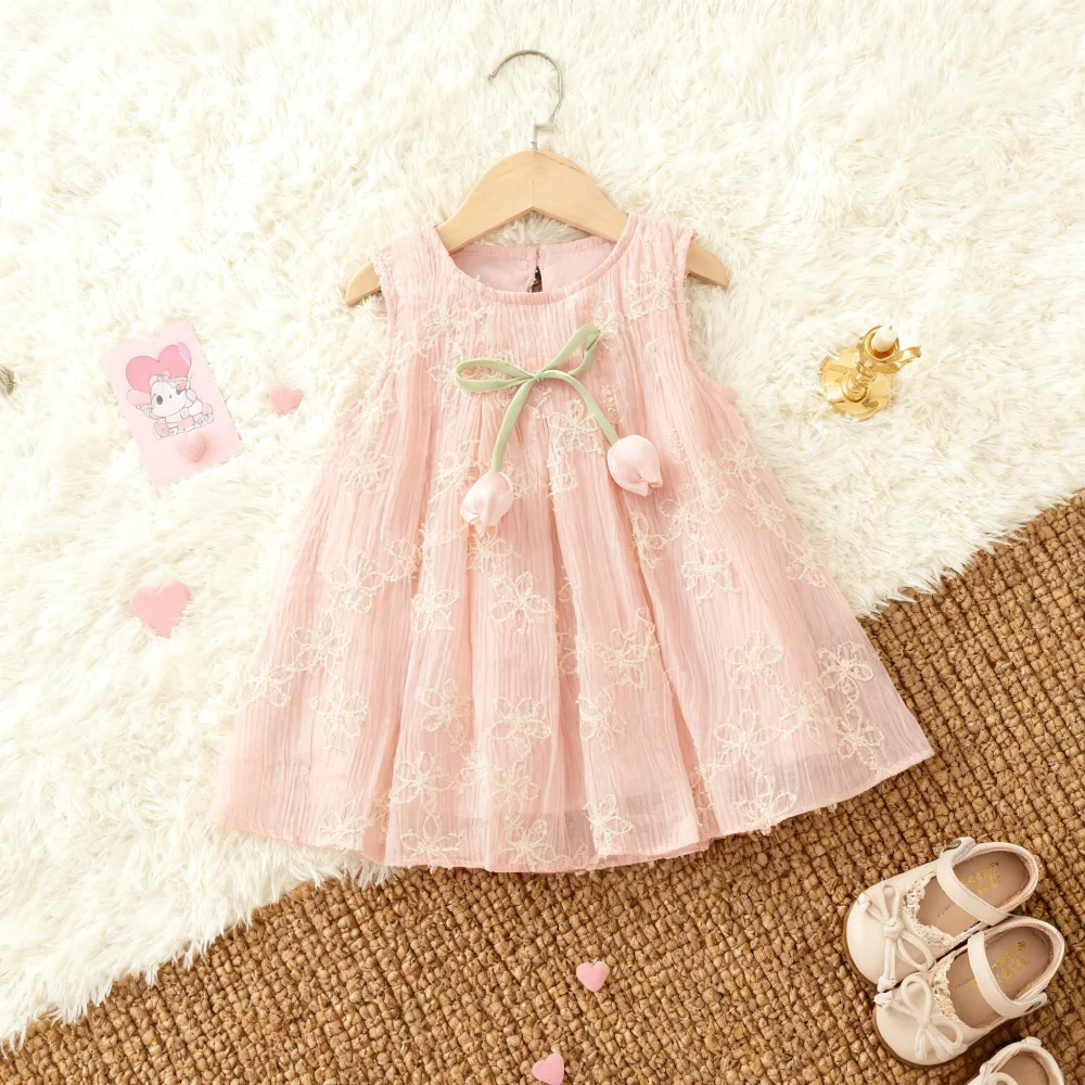 فستان بناتي صيفي بفيونكة زهرية بدون أكمام فستان بناتي رائع فستان الأميرة للأطفال ملابس للفتيات الصغيرات