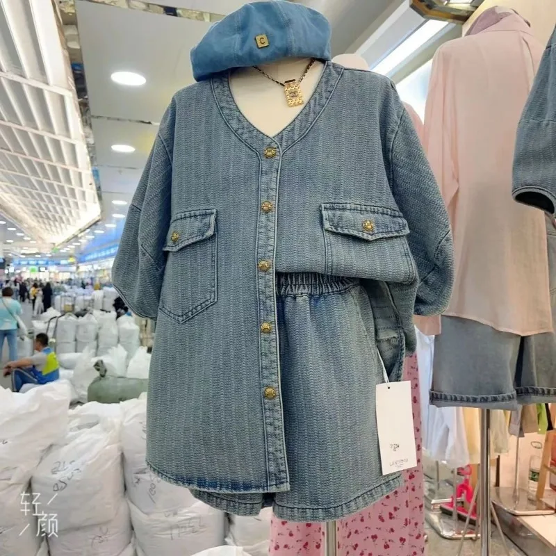 V Neck Loose Denim Shirts Short Sleeve Jacket Summer Sets Womens Outfits 2 Piece Shorts Vintage Streetwear Y2k 2024 Chic Tops