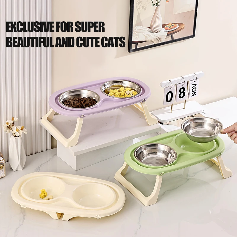 1PC Foldable Stainless Steel Pet Bowl Cat Food Bowl Cat Bowl Dog Food Bowl Neck Protection High Foot Double Bowl