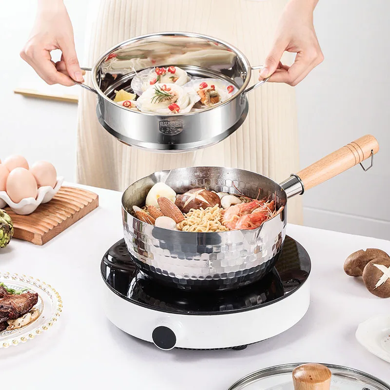 CZ stainless steel pan wooden handle small milk pot uncoated household complementary food pot instant noodle cooking soup pot