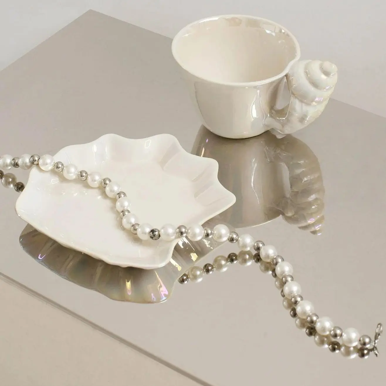 Vintage Matte Ceramic Coffee Cup & Saucer Set with Conch Shell Relief Handcrafted Conch Shell Embossed Tableware
