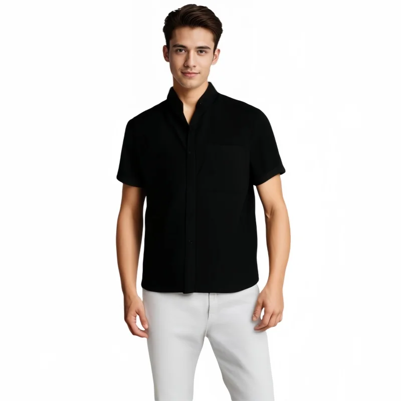 Summer Men's Solid Color Stand Up Collar Shirt Top Oversized Fashion Casual Short Sleeve Slim Fit Pocket Shirt