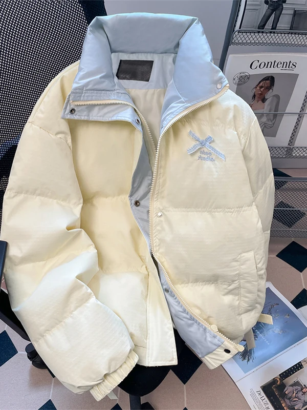 

Утепленная хлопковая куртка в американском стиле для женщин, зимняя теплая верхняя одежда, объемный фасон, воротник-стойка, пальто с цветовыми блоками