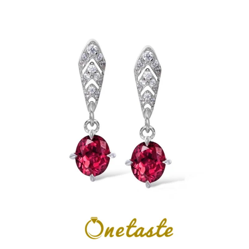 

925 Sterling Silver Oval Garnet CZ White Cubic Zirconia Dangle Earrings For Women Geometric Waterdrop Shape Trendy Earring Gift