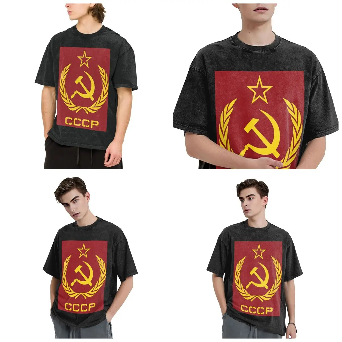 Streetwear T-Shirts Russian USSR Soviet Union Hammer And Sickle CCCP Communist Washed T Shirt Short Sleeve  T-Shirt Tops Tees
