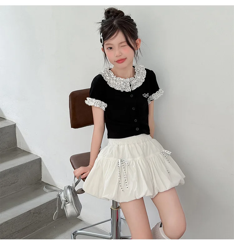 2026 New Teenage Casual Clothing Suits,  Baby Girls Fashion 2 Piece Sets,   T-shirt +White Skirts   5 -12 T