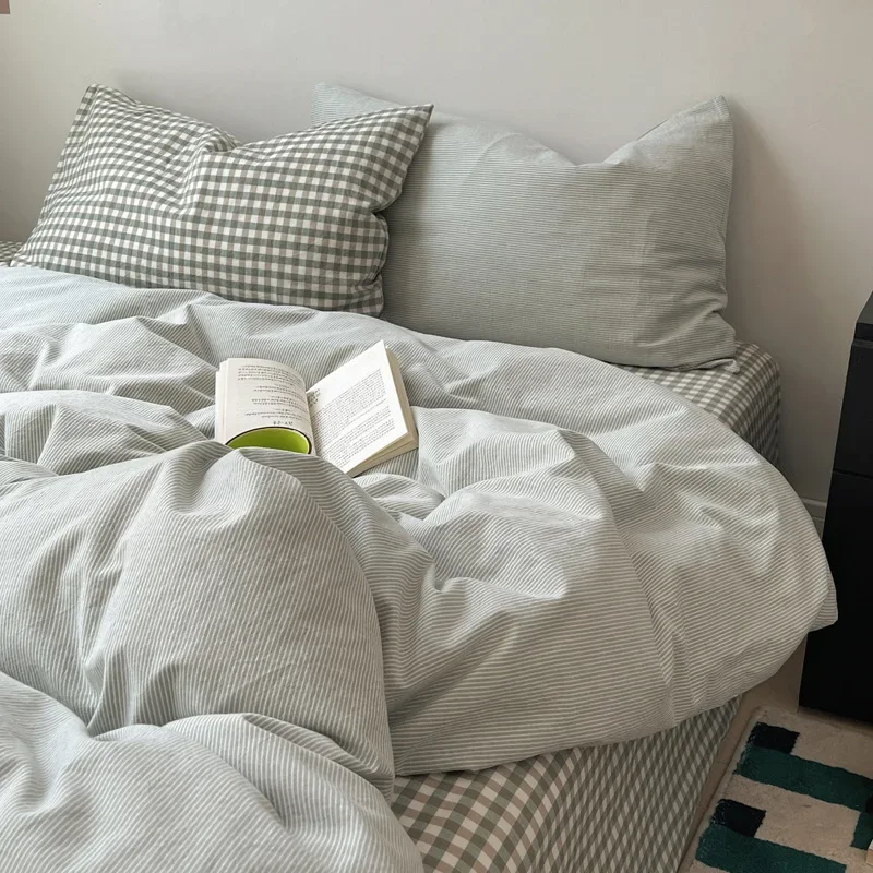 Ins Minimalist Japanese Style Gray Plaid 100% Washed Cotton Bedding Set Duvet Cover Sheet Pillowcase 3 4 Piece for Student Dorm