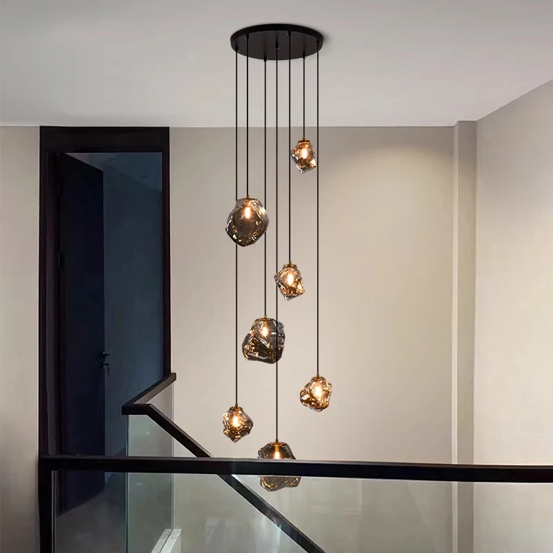 Lampadario a LED in vetro fulvo di design moderno, lampadario a soffitto regolabile in altezza per l'illuminazione del soggiorno della villa dell'hotel