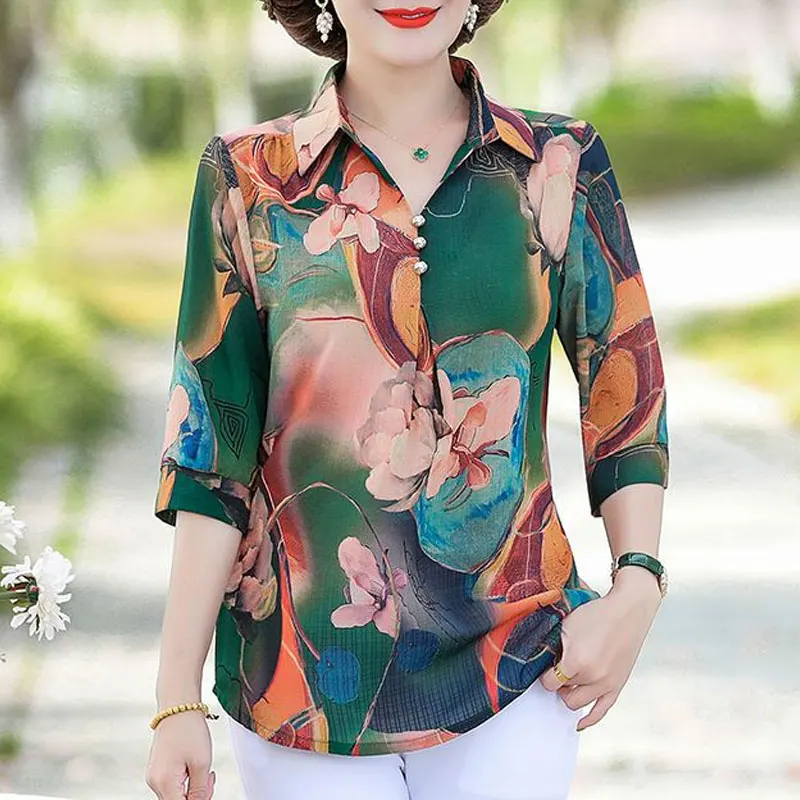 Summer Vintage Floral Printed Shirt Women\'s Clothing Casual Turn-down Collar Button Commute Half Sleeve Stylish Loose Blouse New