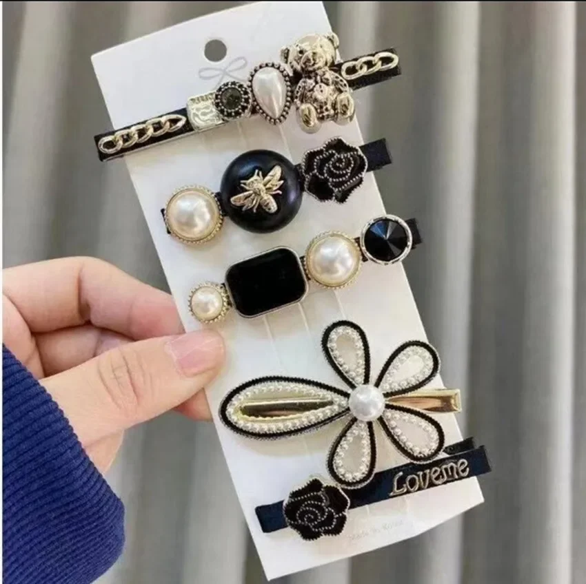 Retro 5-piece Hair Clip Simple Pearl Side Clip for Women Girls Headband  Hairpins Barrettes Ins Black Froral Hair Accessories