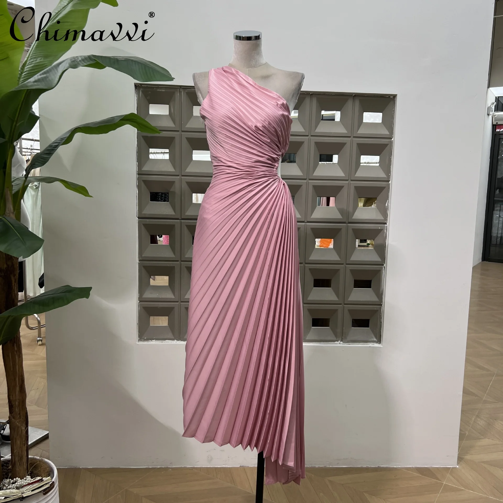 

French Elegant Temperament Pleated Long Dress Summer Off-shoulder Hollow High Waist Slim A-line Irregular Evening Dress Women