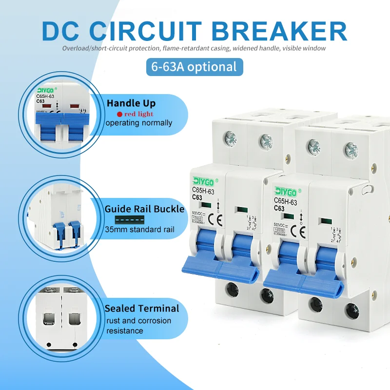 

2P DC Mini Circuit Breaker 6A 10A 16A 20A 25A 32A 40A 50A 63A Overload Protection Switch Din Rail Mount Photovoltaic PV System