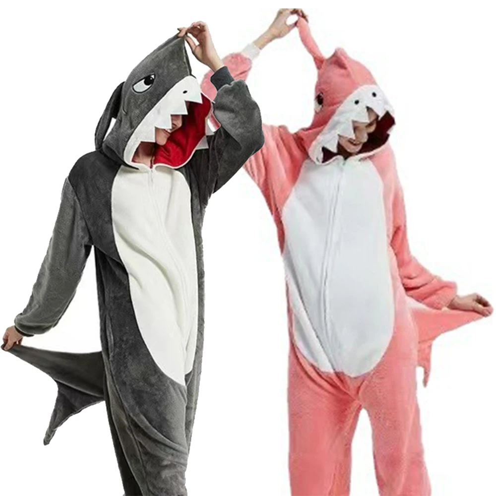 Megalodon Costumes Full Zip Shark One-piece Pajamas Winter Flannel Warm Unisex Pyjamas Onesie Halloween Animal Cosplay Jumpsuits