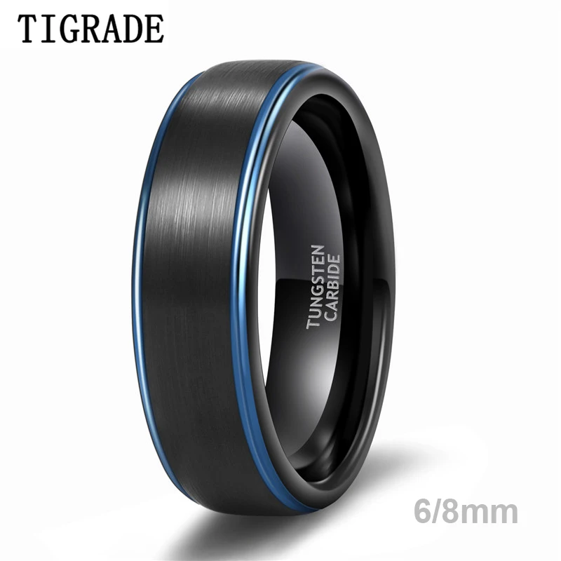 Tigrade Women Men Black Ring with Blue Line Brushed 6mm 8mm Tungsten Carbide Daily Jewelry Unisex Rings Dark