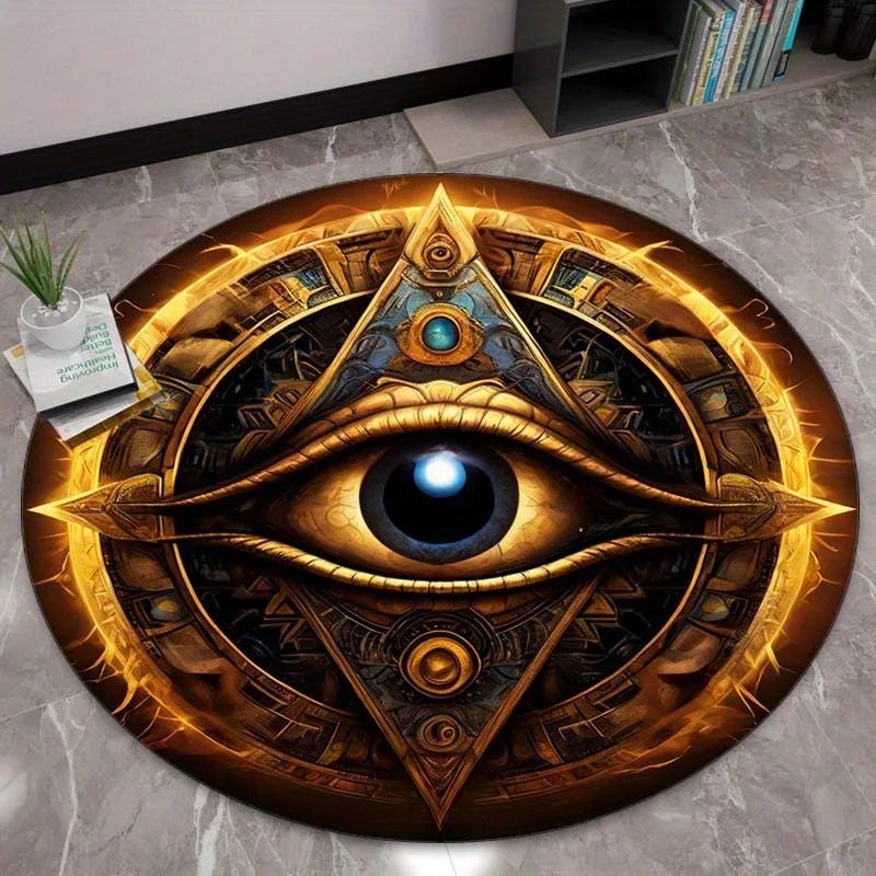 Golden All Seeing Eye Round Crystal Velvet Rug Egyptian Mythology Symbol Divine Power Decor Spiritual Home Floor Mat
