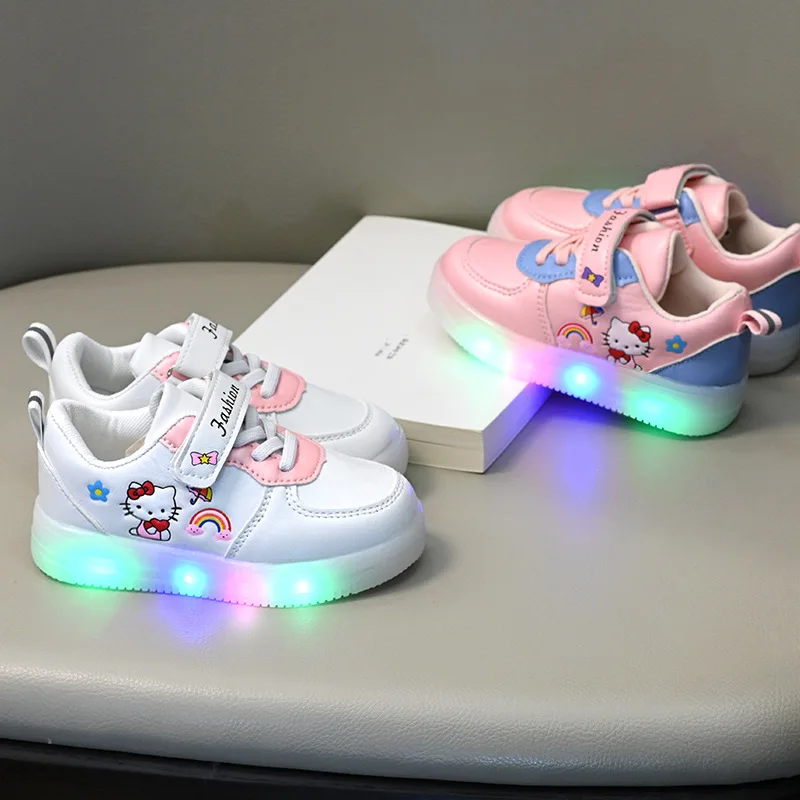 LED Kids Shoes for Girls Cute Cartoon Shoes Baby Girl Kawaii PU Leather Shoes Soft Bottom Sneakers Casual Shoes Size 21-30