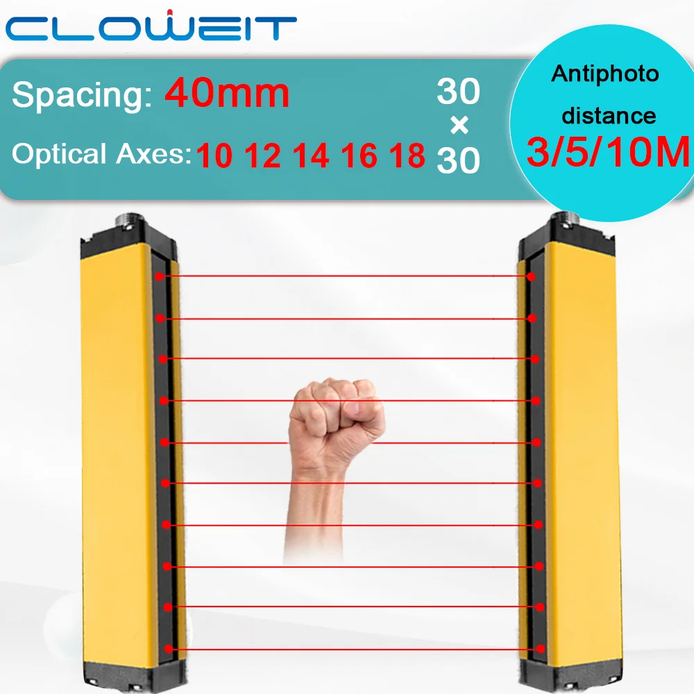 Cloweit 3/5/10M Safety Light Curtain 10-16 Beams 40mm Protector Device Relay Output Safety Light Curtain Sensor NPN DC24V APS30