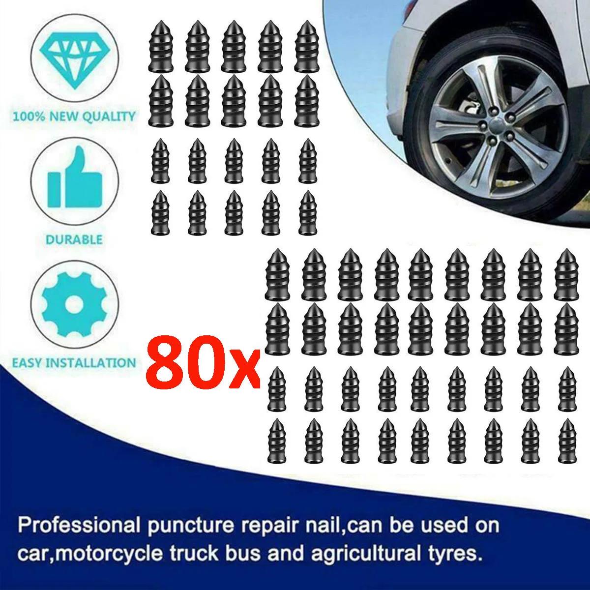80Pcs Motorcycle Car Vacuum Tyre Repair Nails Truck Scooter Bike Universal Tire Puncture Repair Rubber Metal Nails Accessory DIY