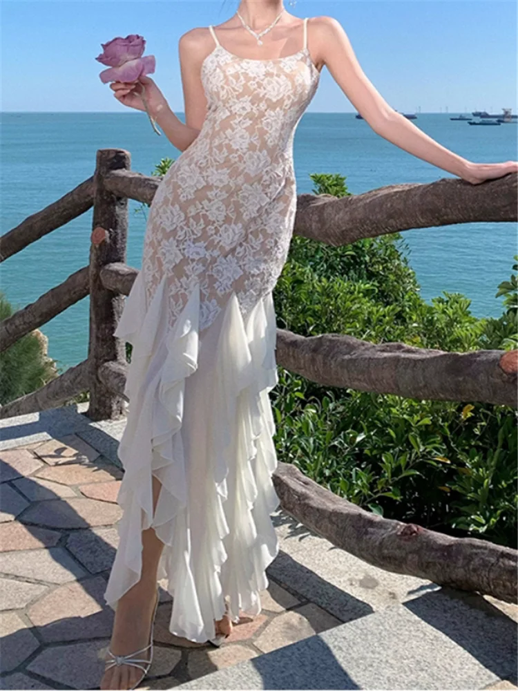 프랑스 우아한 러플 밑단 머메이드 롱 이브닝 파티 드레스 여름 레이스 화려한 슬래시 넥 백리스 스플릿 타이트 칵테일 드레스