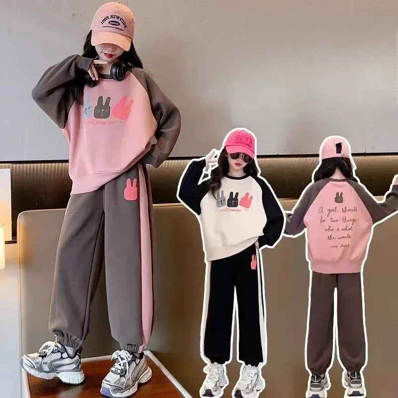 Girls Cotton Contrast Cartoon Alphabet Loose Sweatshirt+Sweatpant School Kids Tracksuit Child Jogger Outfit Workout Sets 5-16Yrs