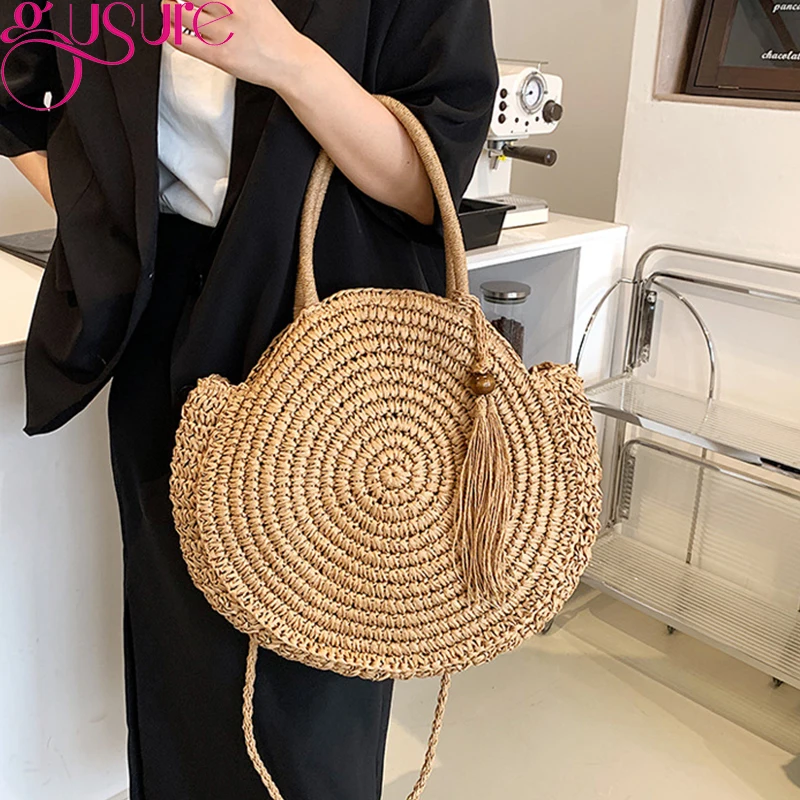 Gusure Rattan Women Shoulder Bag Casual Straw Bag Handmade Woven Shopper Totes Lady Large Capacity Bohemian Beach Treval Handbag